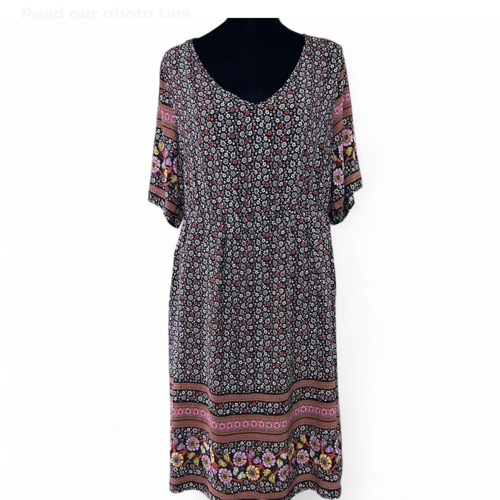 SHEIN Multi Colored Floral Print Short Sleeves V Neck Dress 1XL Good Condition
